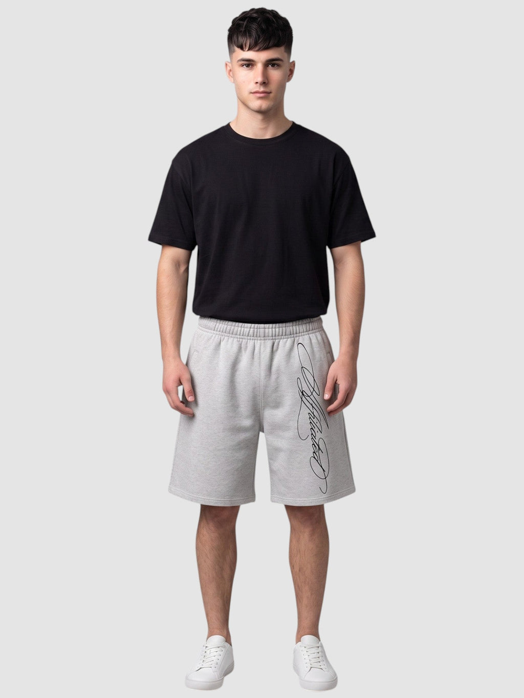 Y2K Avenue grey fleece shorts with black cursive calligraphy print, featuring an elastic waist and relaxed fit.