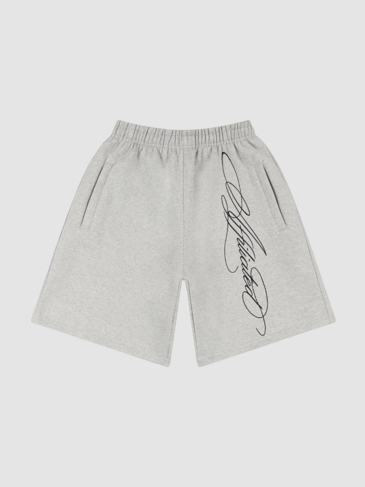 Y2K Avenue grey fleece shorts with black cursive calligraphy print, elastic waist, and side pockets.