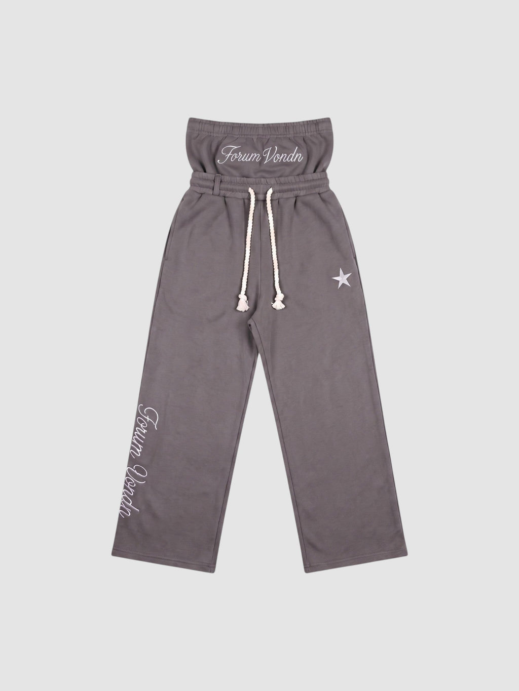 Y2K Avenue grey double waist jogging pants with gothic embroidery, star detail, and braided drawstring.