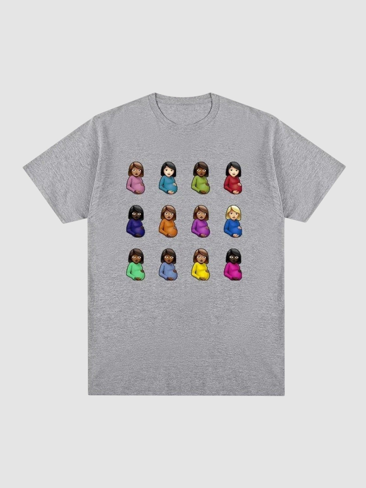 Y2K Avenue grey crew neck t-shirt featuring a grid of twelve colorful pregnant woman emojis on the front