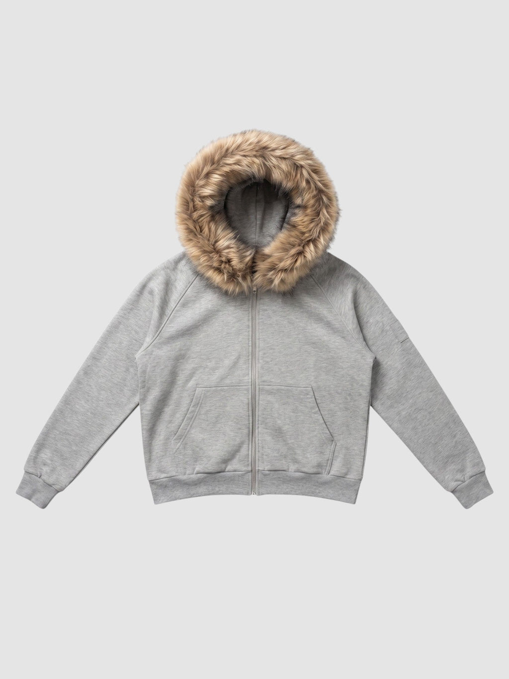 Y2K Avenue grey zip-up hoodie featuring a plush beige faux fur trim on the hood, ribbed cuffs, and two front pockets.