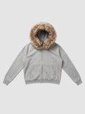 Y2K Avenue grey zip-up hoodie featuring a plush beige faux fur trim on the hood, ribbed cuffs, and two front pockets.