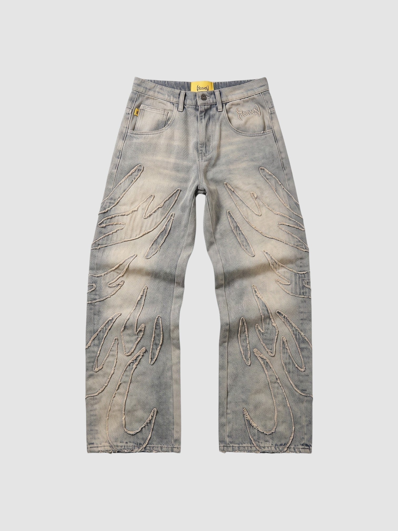 Y2K Avenue baggy grey washed denim jeans featuring raw-edge flame appliqués and a relaxed straight-leg fit.