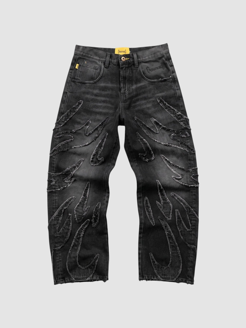 Y2K Avenue baggy grey denim jeans featuring raw-edge flame appliqués and a wide-leg fit.