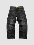 Y2K Avenue baggy grey denim jeans featuring raw-edge flame appliqués and a wide-leg fit.