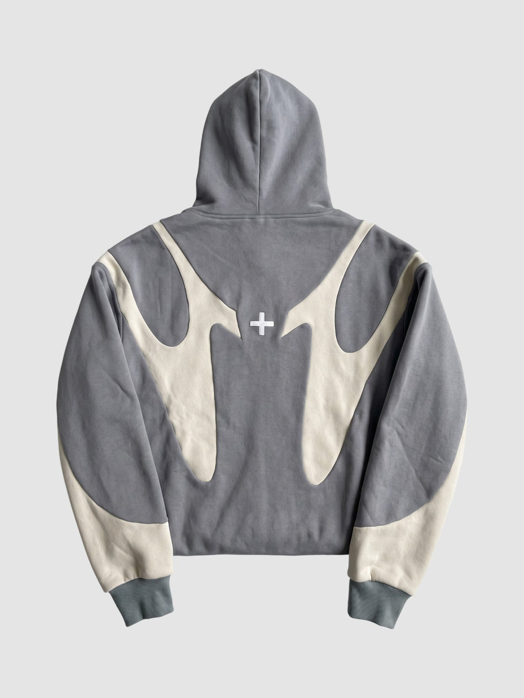 Y2K Avenue slate grey and cream flame zip-up hoodie with stitched panel construction and boxy fit