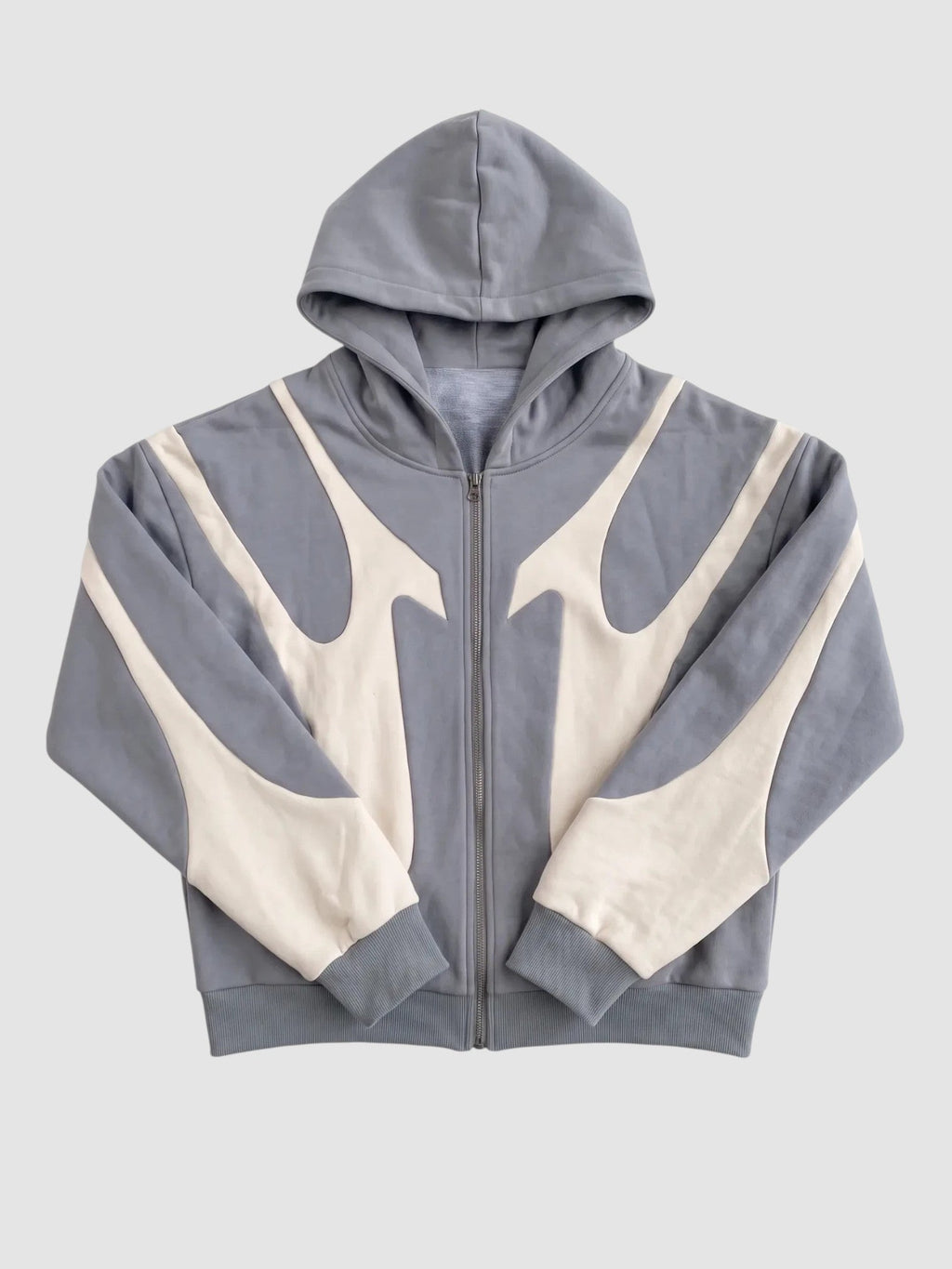 Y2K Avenue slate grey and cream zip-up hoodie with stitched flame panel design and boxy fit in nylon cotton blend