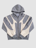 Y2K Avenue slate grey and cream zip-up hoodie with stitched flame panel design and boxy fit in nylon cotton blend