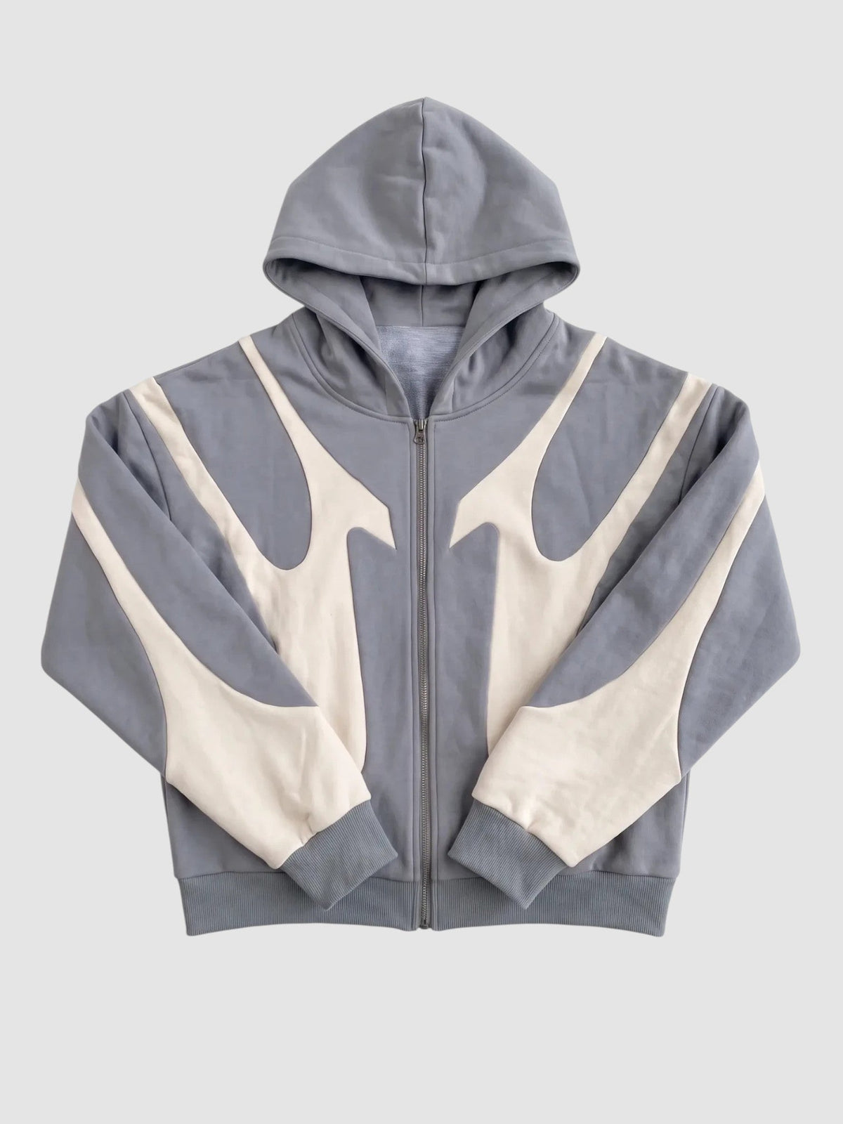 Y2K Avenue slate grey and cream zip-up hoodie with stitched flame panel design and boxy fit in nylon cotton blend