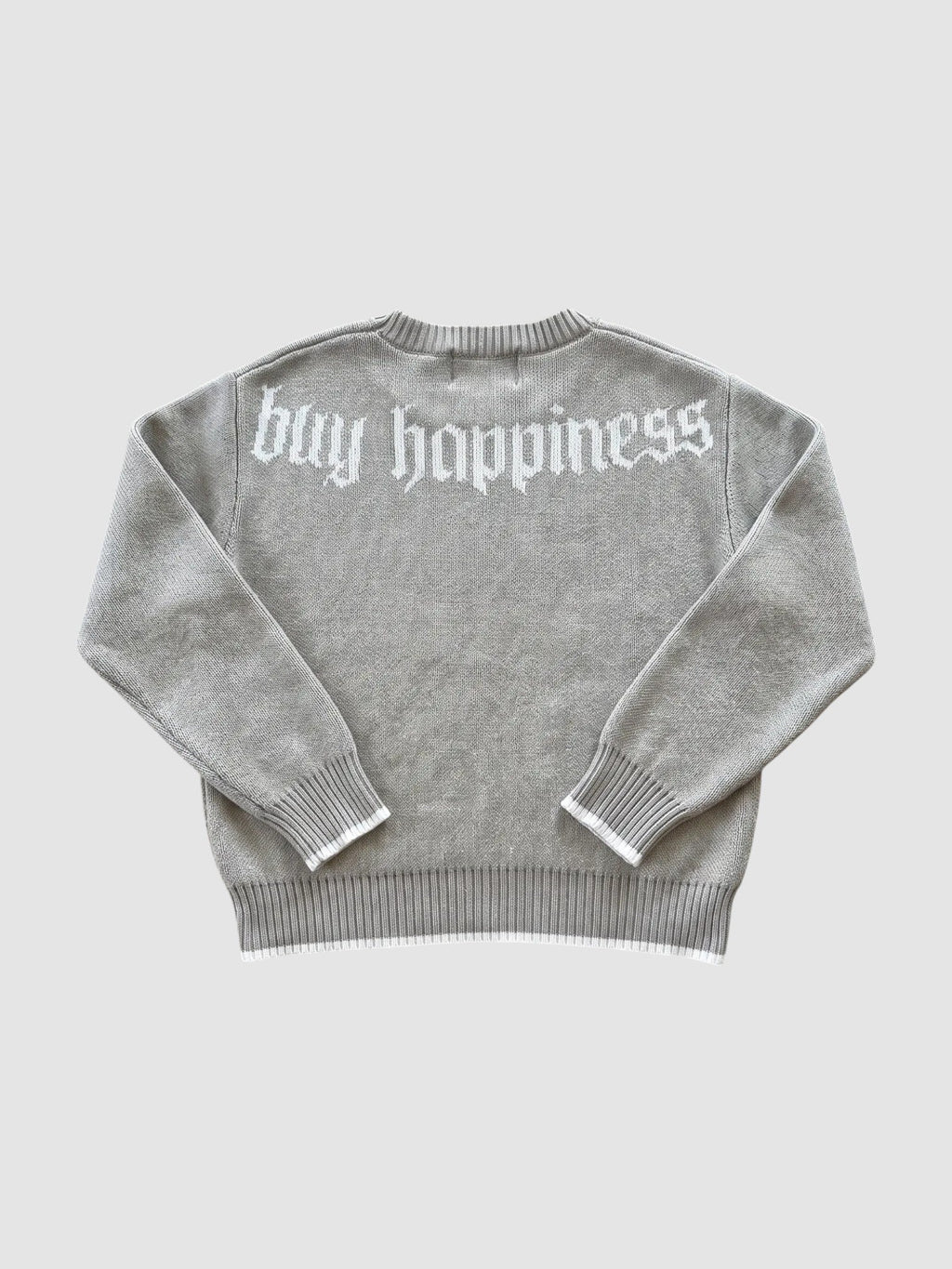 Y2K Avenue grey cotton knit sweater with white gothic text on the back, ribbed cuffs, and a boxy fit.