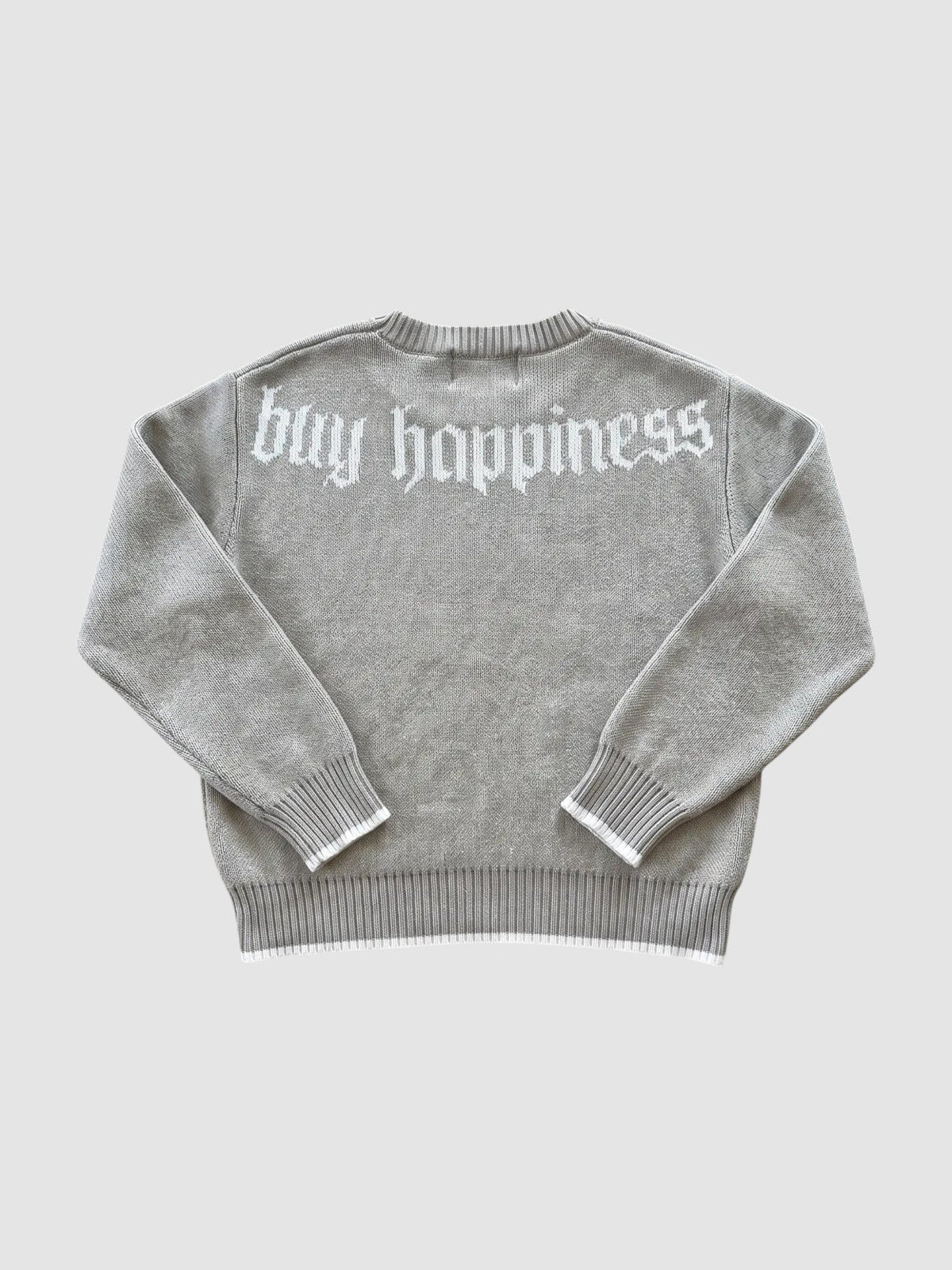 Y2K Avenue grey cotton knit sweater with white gothic text on the back, ribbed cuffs, and a boxy fit.