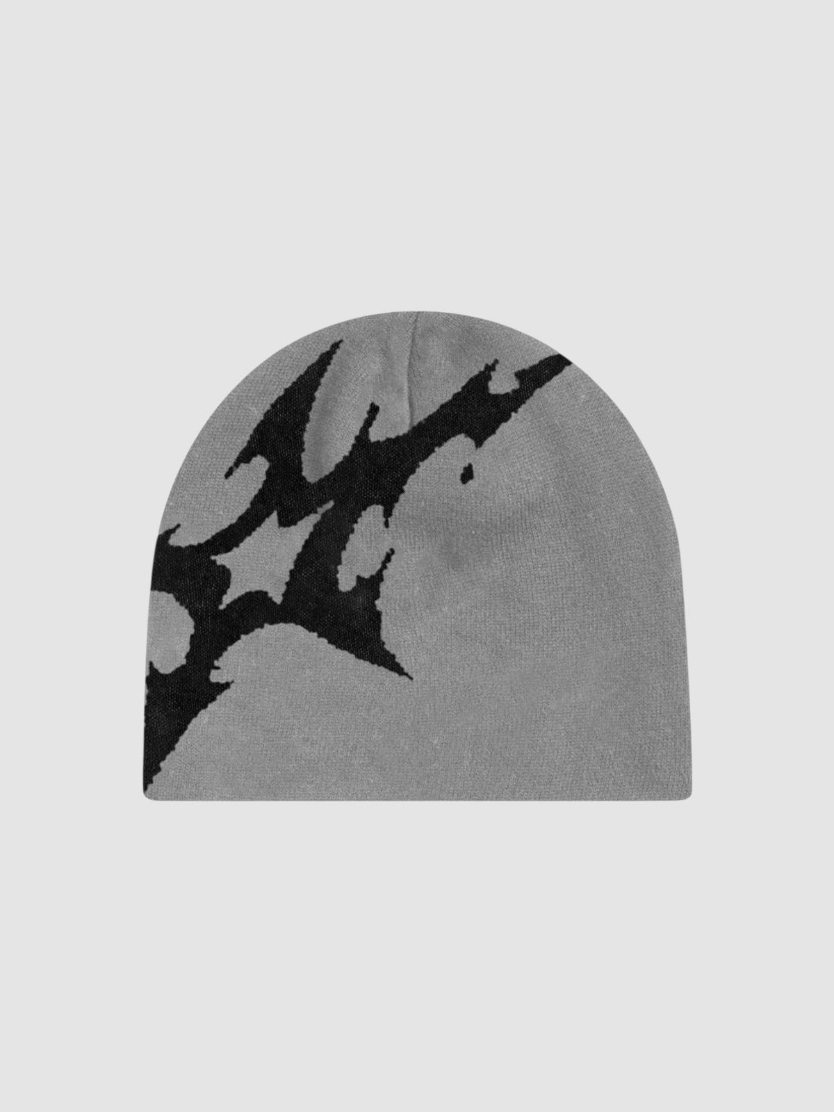 Y2K Avenue grey beanie with a bold black asymmetrical lightning bolt graphic in a soft knit acrylic fabric
