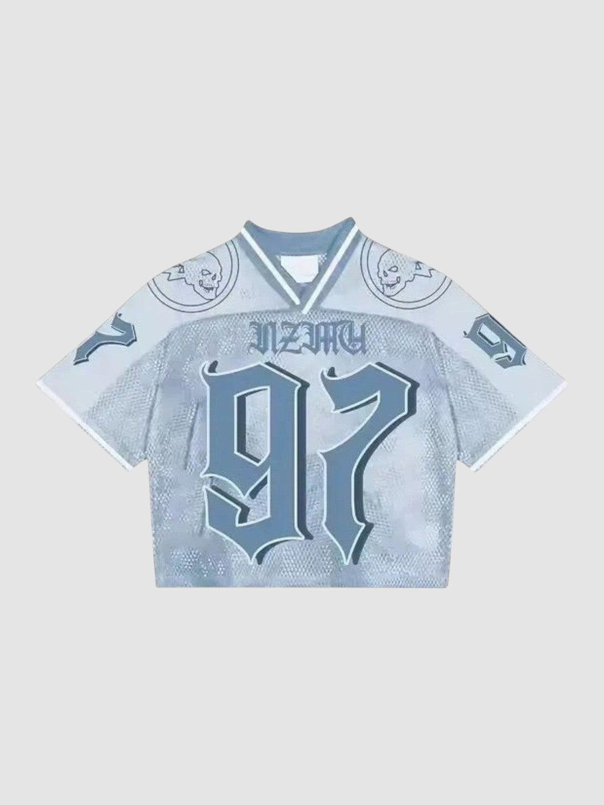 Y2K Avenue cropped football jersey in grey mesh with skull graphics, number 97 print, and V-neck design.