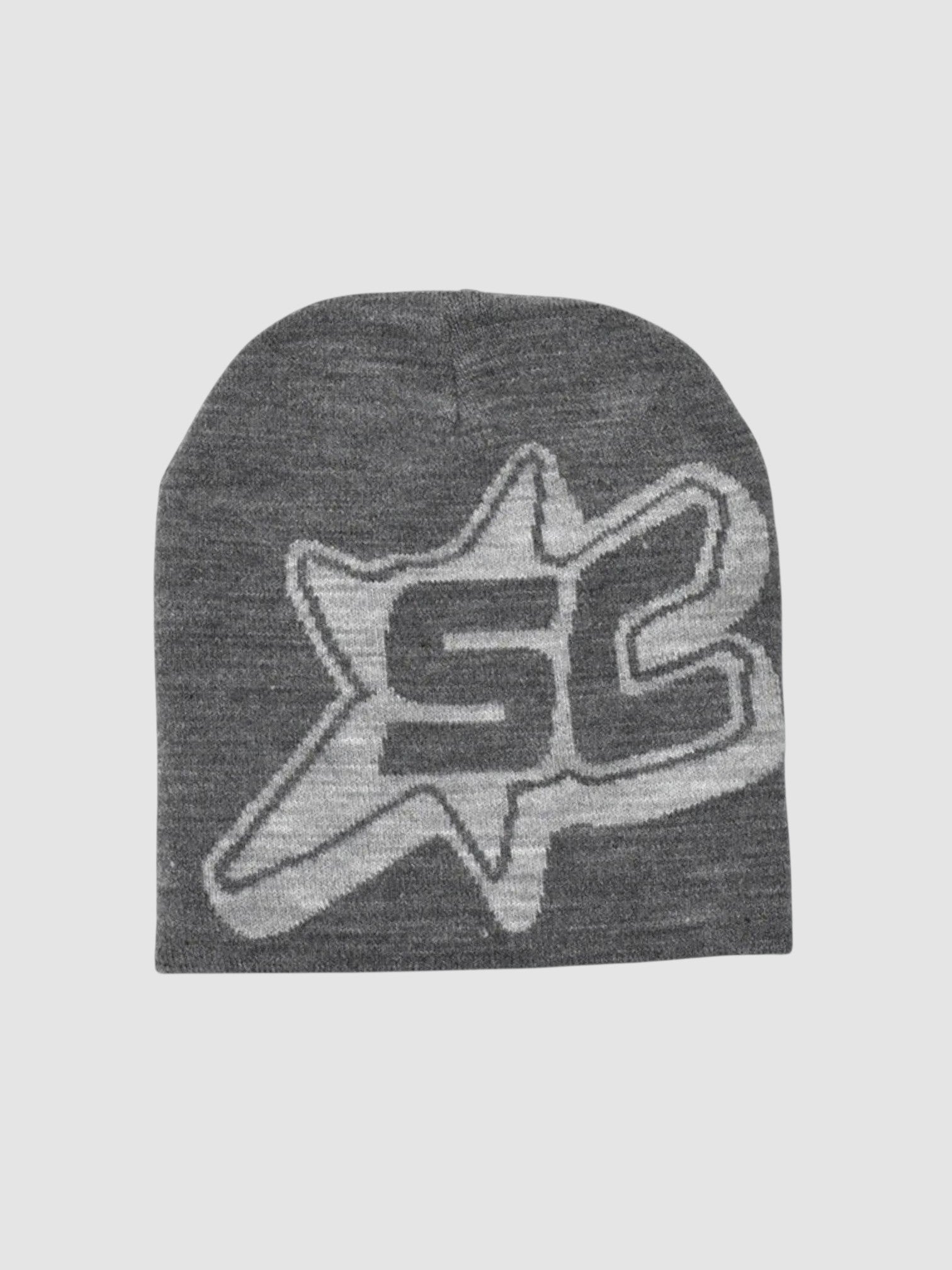 Y2K Avenue streetwear skullie beanie in charcoal grey with a white SC monogram inside a shooting star graphic.