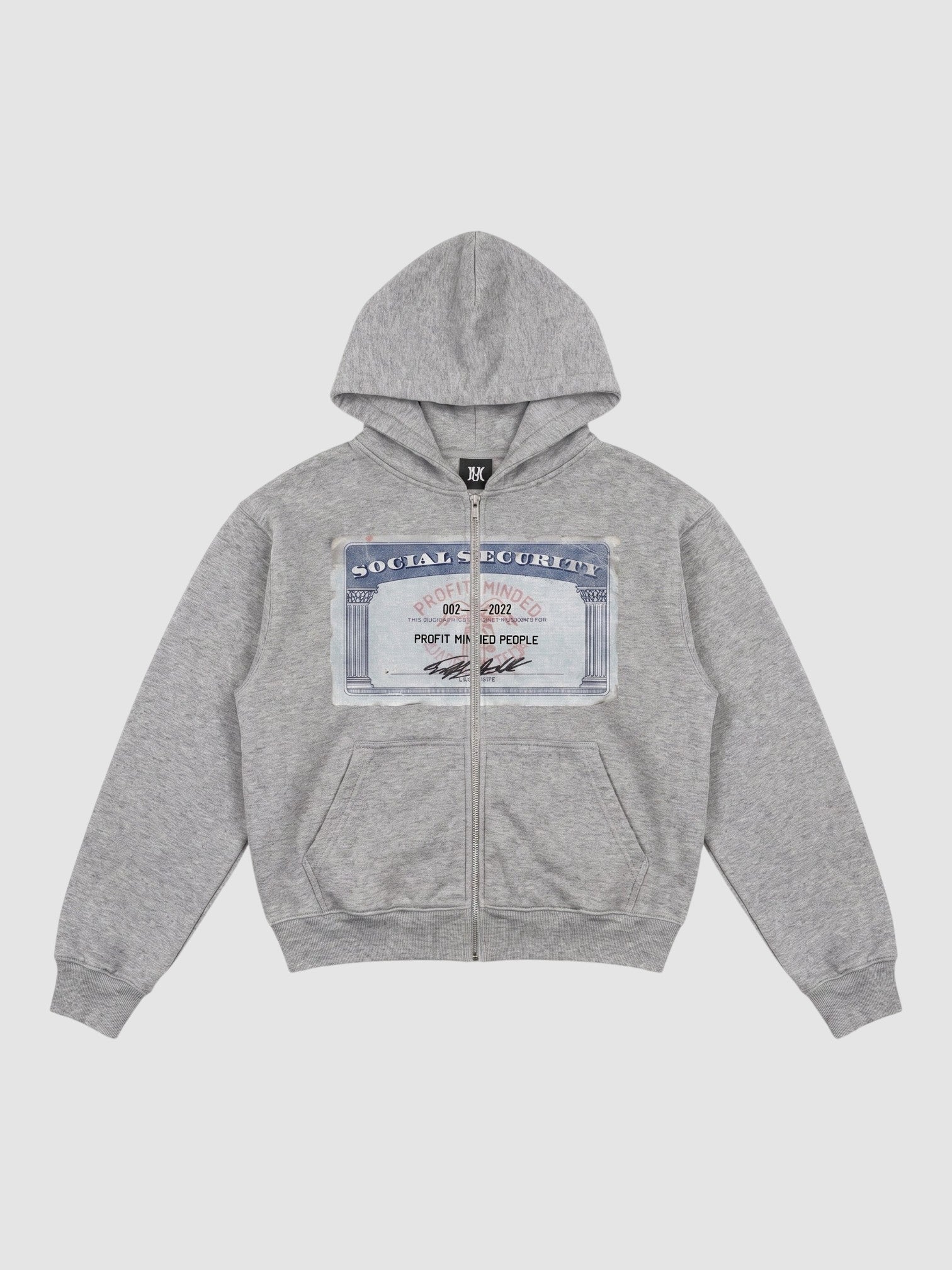 Y2K Avenue grey zip-up hoodie featuring a Social Security card graphic print on the chest with a full metal zipper.