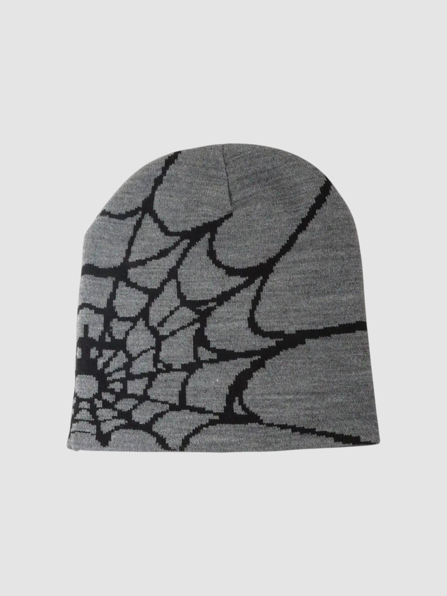 Y2K Avenue grey beanie with a black spider web pattern in a lightweight knit fabric for a casual streetwear look