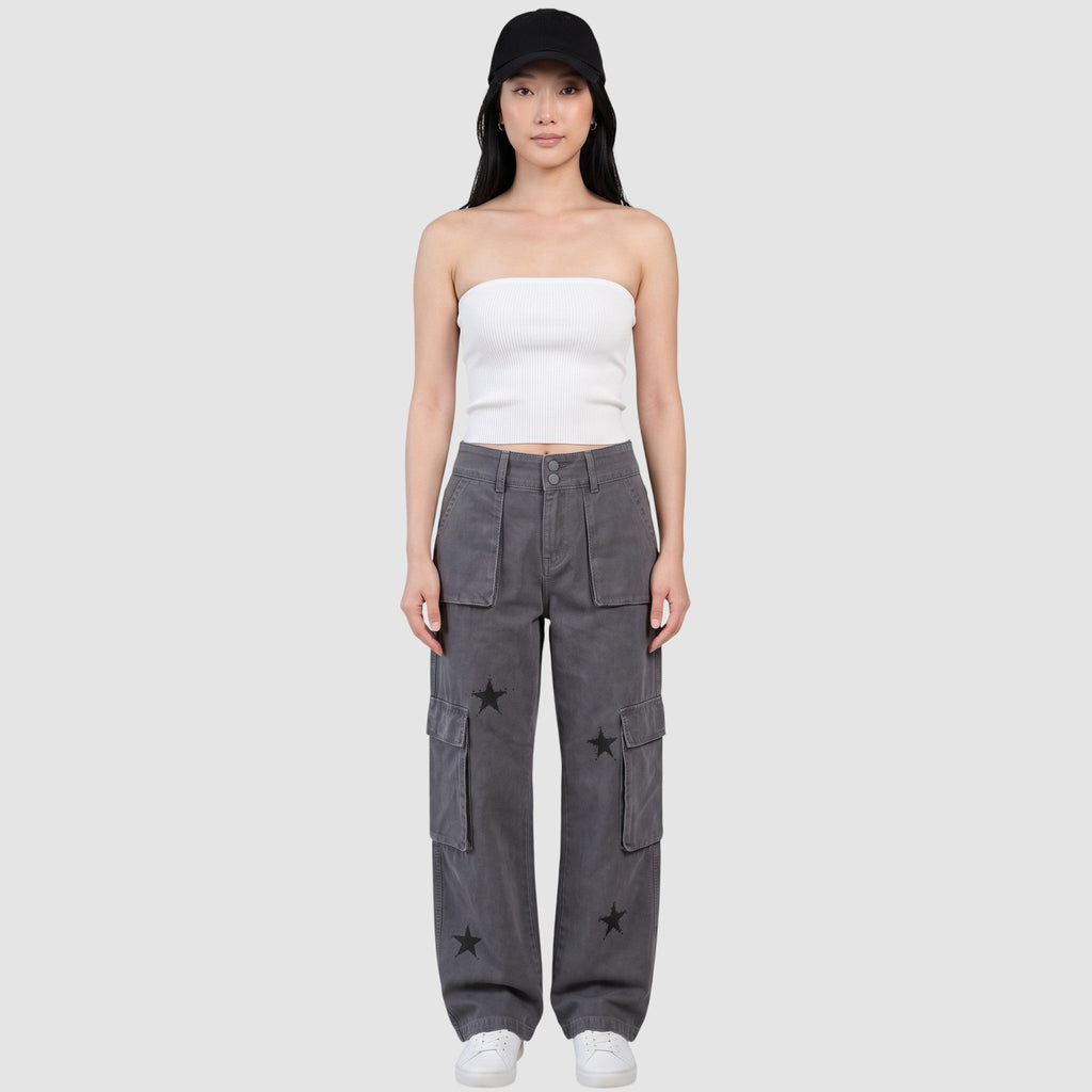 Y2K AVENUE grey denim cargo pants with star print, featuring side pockets and a low-rise fit on a female model.