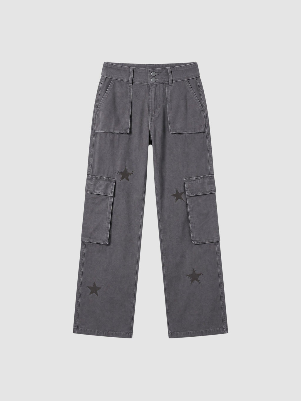 Y2K AVENUE grey washed denim cargo pants for women featuring tonal star prints, large thigh pockets, and low-rise fit.