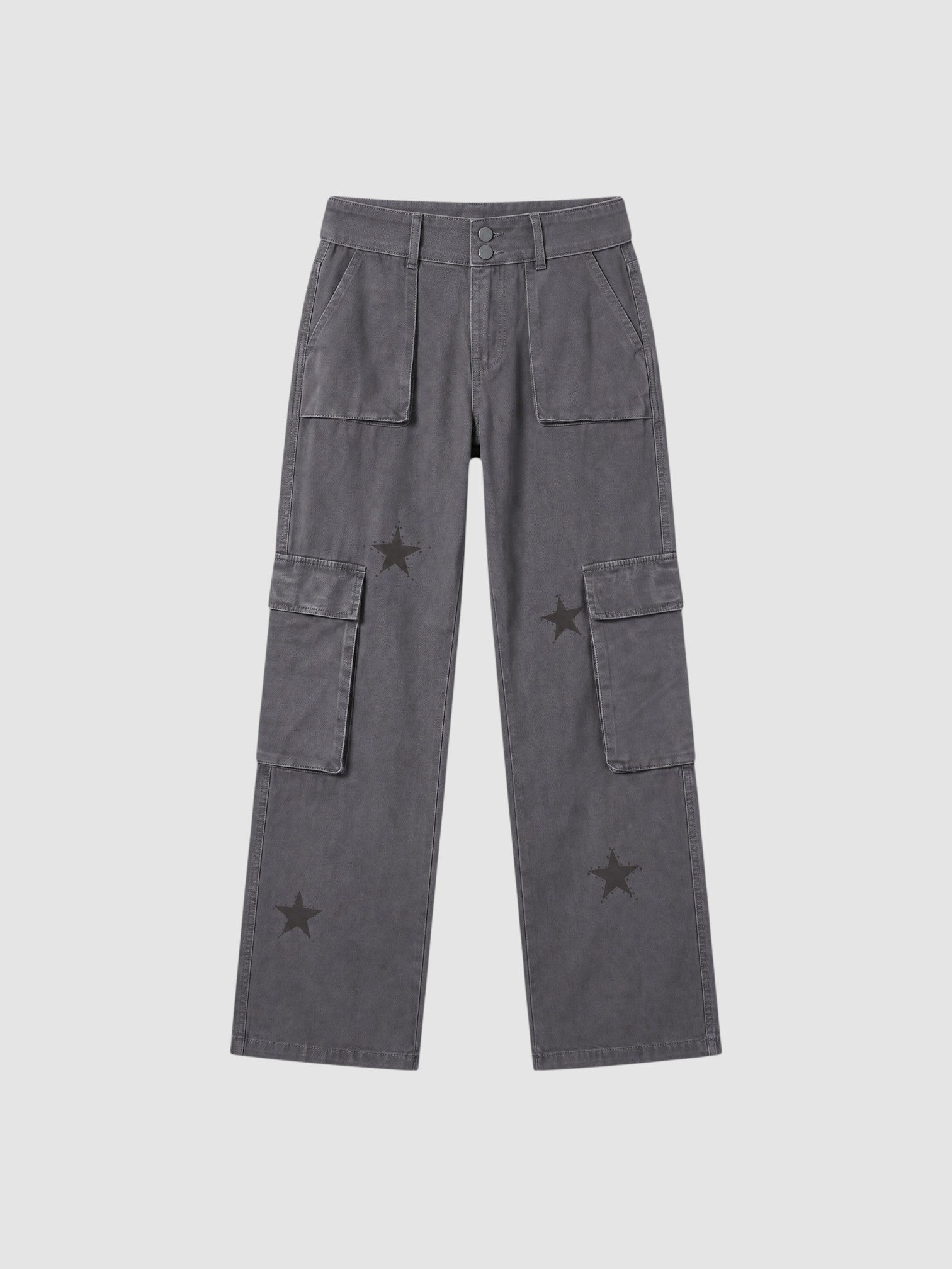 Y2K AVENUE grey washed denim cargo pants for women featuring tonal star prints, large thigh pockets, and low-rise fit.