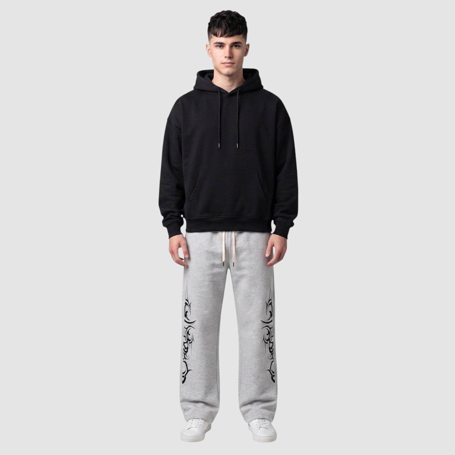 Y2K Avenue grey heather fleece joggers with black tribal graphic print, wide leg fit, and adjustable drawstring waist