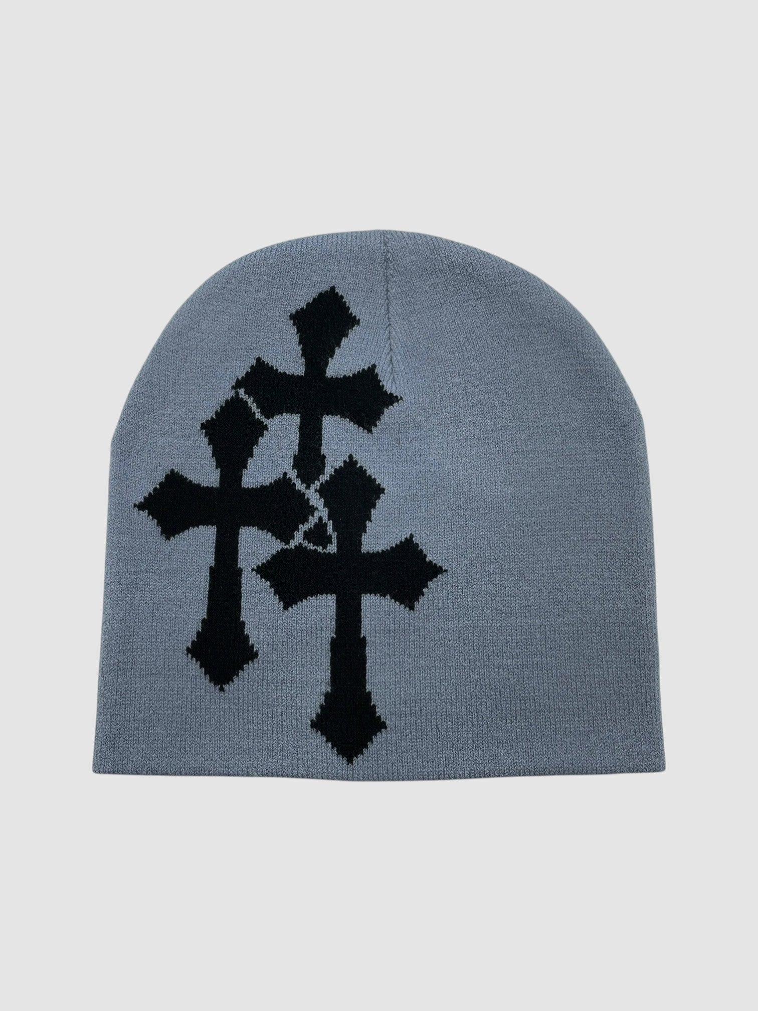 Y2K Avenue grey beanie with a black jacquard triple cross pattern in a classic knit style