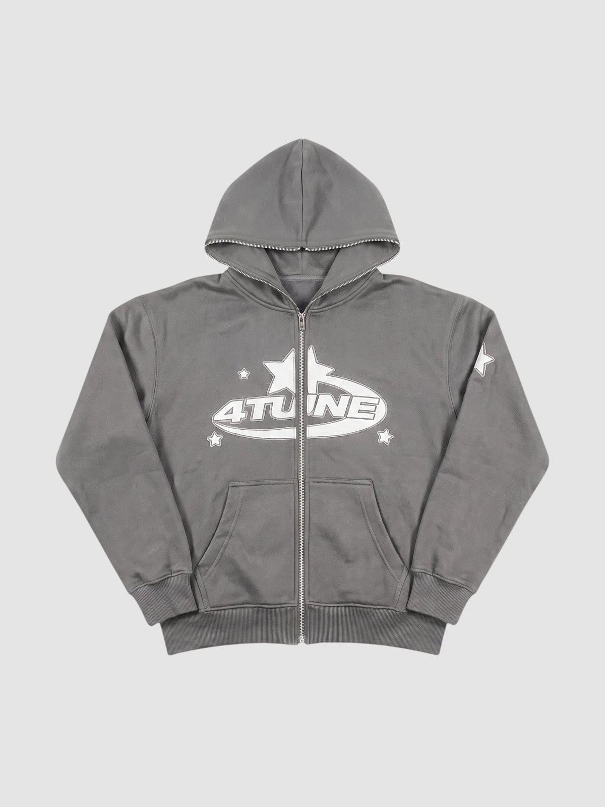 Y2K Avenue grey zip-up hoodie with white star graphic lettering and kangaroo pockets in a relaxed Y2K aesthetic