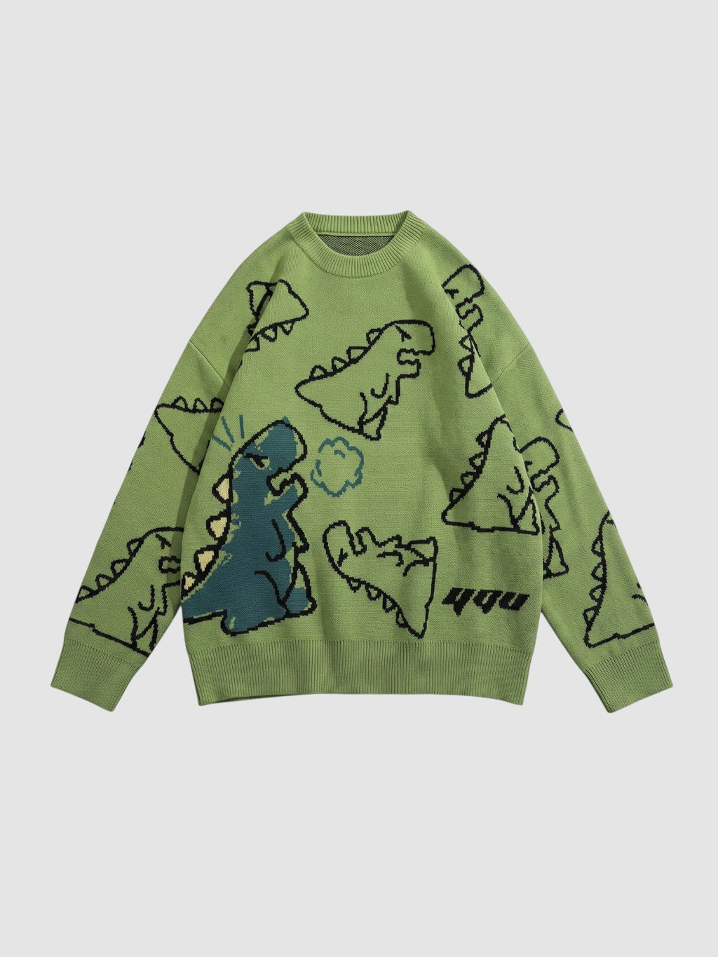 Y2K AVENUE khaki knit sweater featuring a playful all-over cartoon dinosaur pattern and a classic crew neck design.