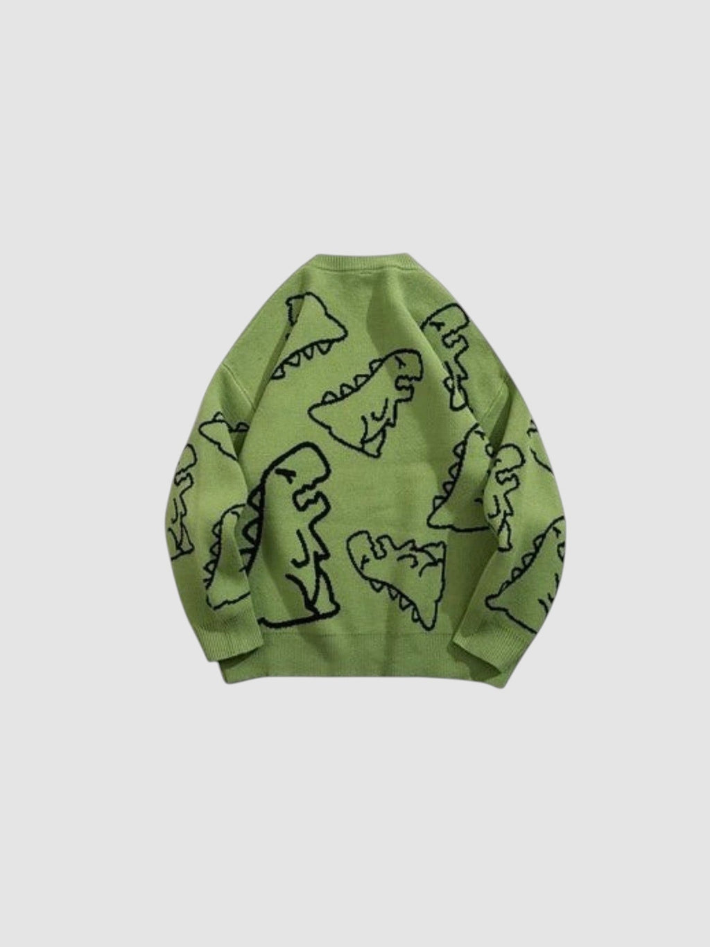 Y2K AVENUE khaki knit sweater featuring a playful black cartoon dinosaur pattern and a classic crew neck design.