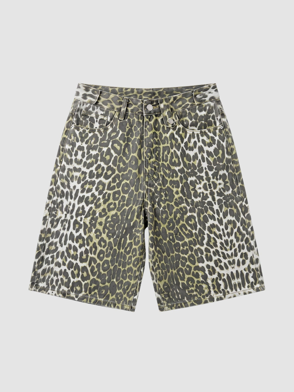 Y2K Avenue high-waisted denim bermuda shorts in a cream and khaki green leopard print with a straight-leg fit.