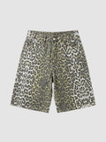 Y2K Avenue high-waisted denim bermuda shorts in a cream and khaki green leopard print with a straight-leg fit.