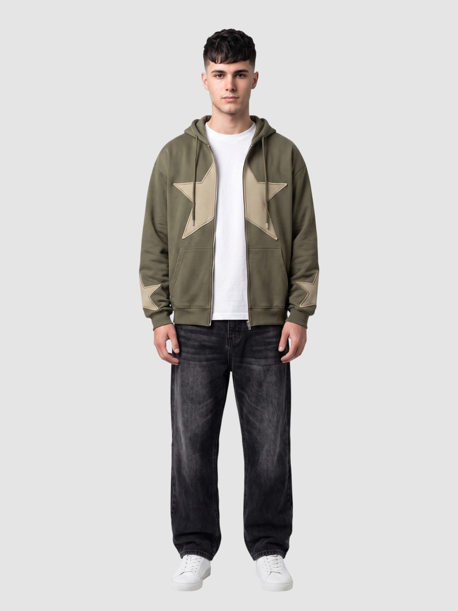 Y2K Avenue khaki zip-up hoodie with a large beige stitched star patch on the chest and small stars on the cuffs.
