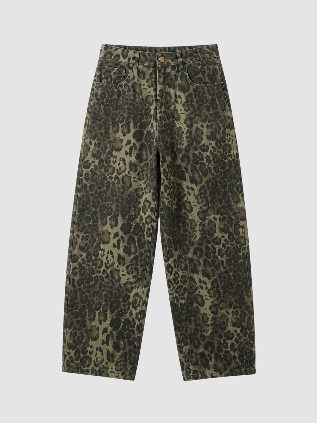 Y2K Avenue baggy wide-leg jeans in a brown and dark leopard animal print denim with a classic five-pocket design.