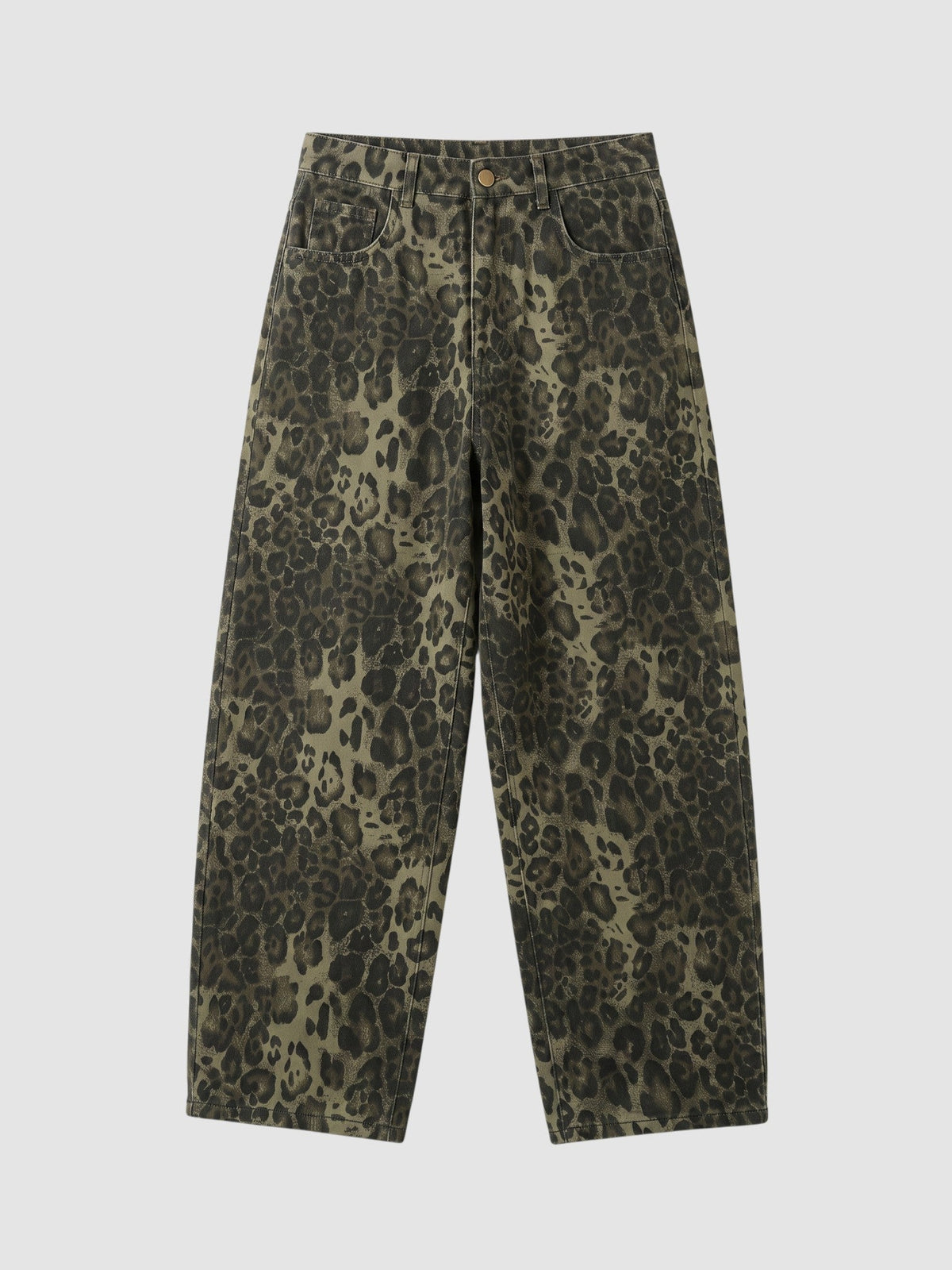 Y2K Avenue baggy wide-leg jeans in a brown and dark leopard animal print denim with a classic five-pocket design.