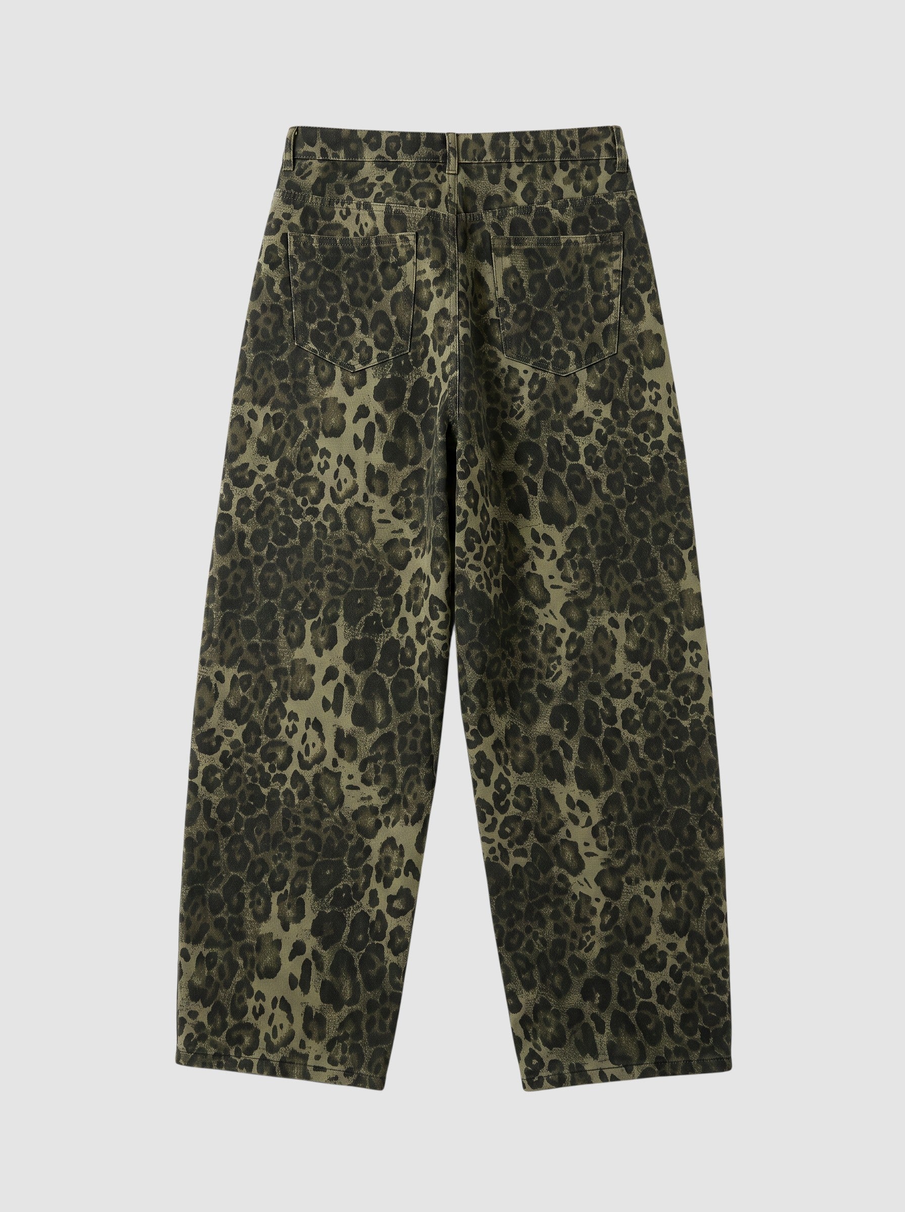 Y2K Avenue baggy wide-leg jeans in brown and black leopard print denim with a classic five-pocket design