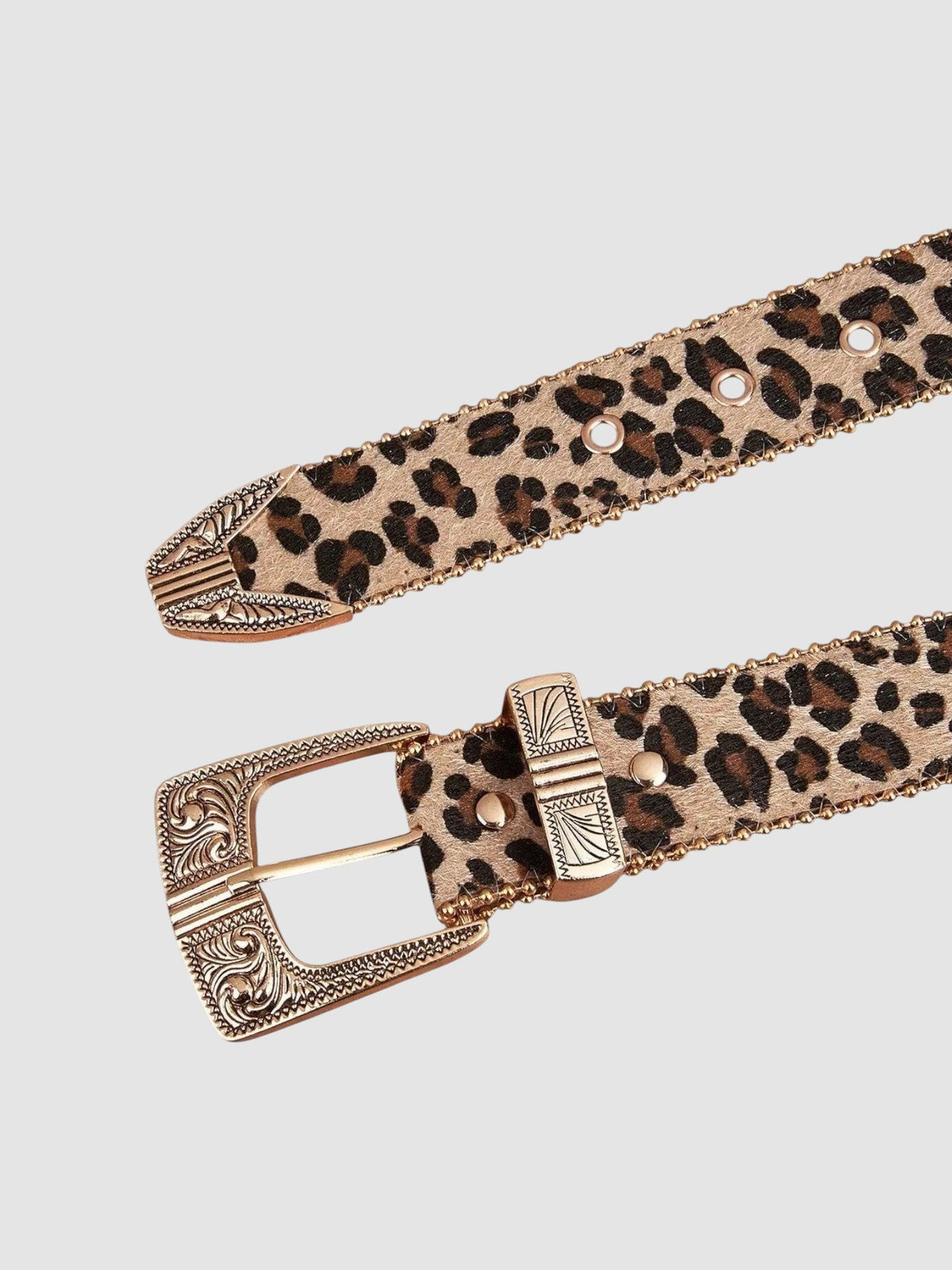 Y2K Avenue leopard print belt with faux fur texture, featuring an ornate silver western buckle and metal conchos.