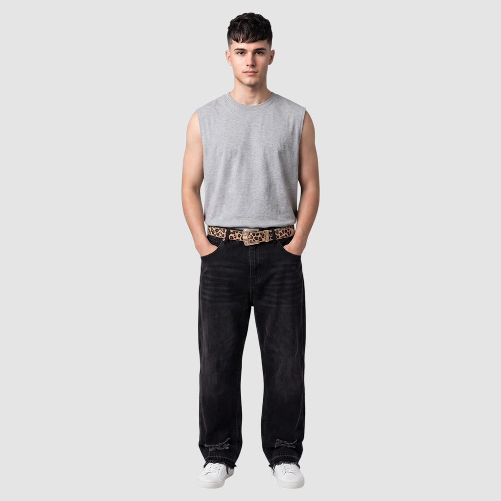 Y2K Avenue leopard print belt with western buckle and silver conchos worn by a man in a grey tank top and black jeans