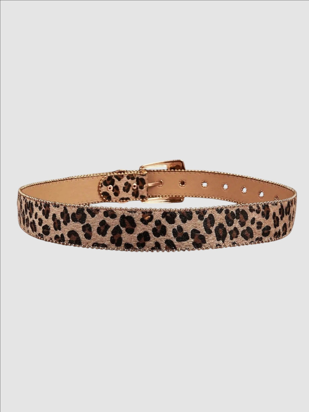 Y2K Avenue leopard print faux leather belt with a western-style engraved buckle and silver conchos.
