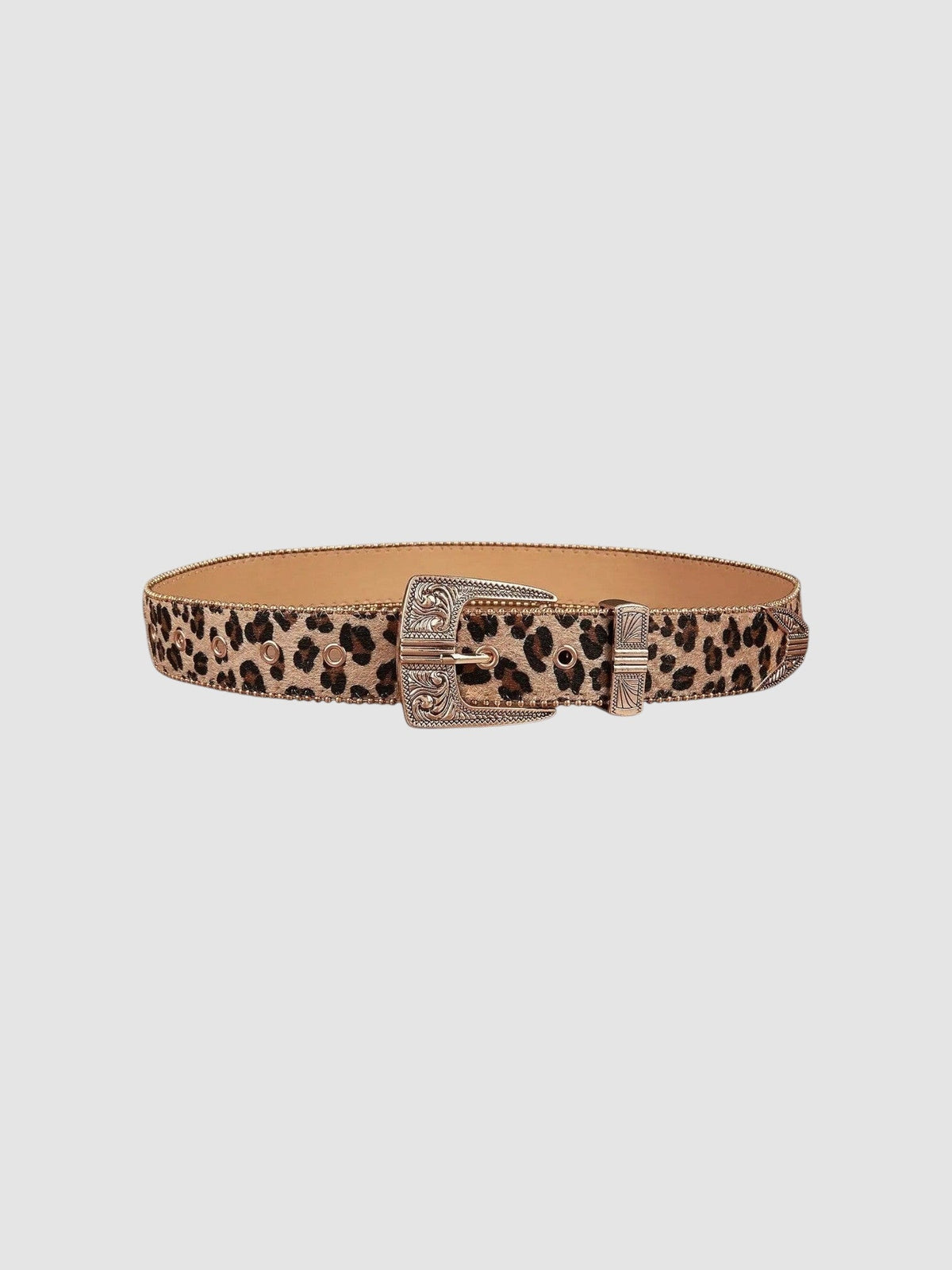 Y2K Avenue leopard print faux leather belt with a floral engraved western silver buckle and silver conchos.
