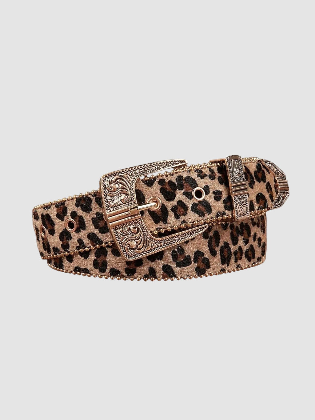Y2K Avenue leopard print faux leather belt with a silver engraved western buckle and decorative conchos.