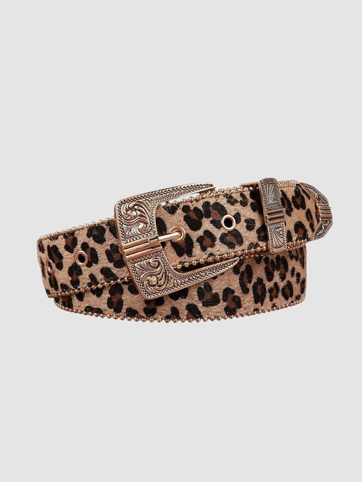 Y2K Avenue leopard print faux leather belt with a silver engraved western buckle and decorative conchos.