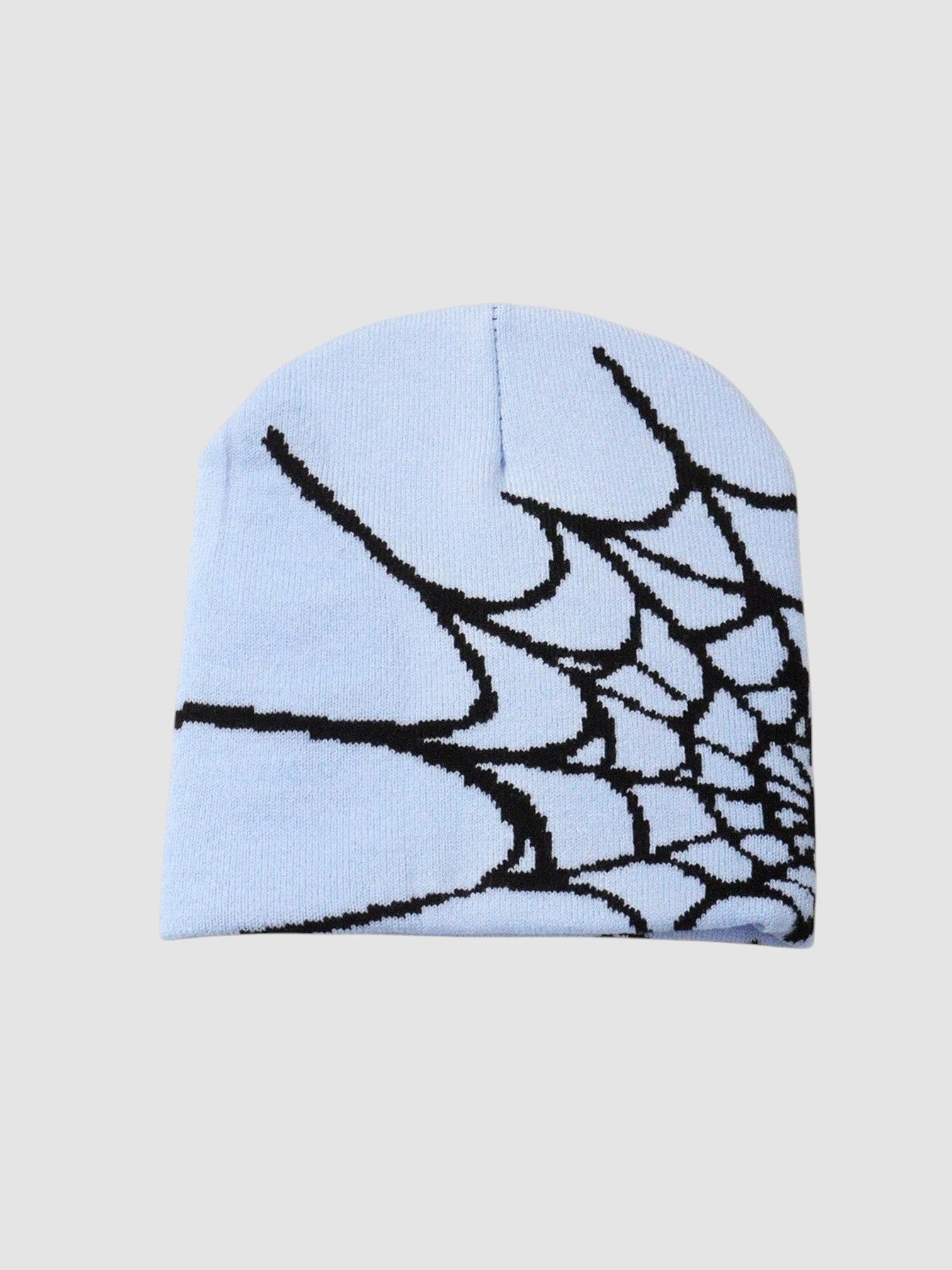 Y2K Avenue light blue beanie with a black spider web graphic pattern in a lightweight knit fabric
