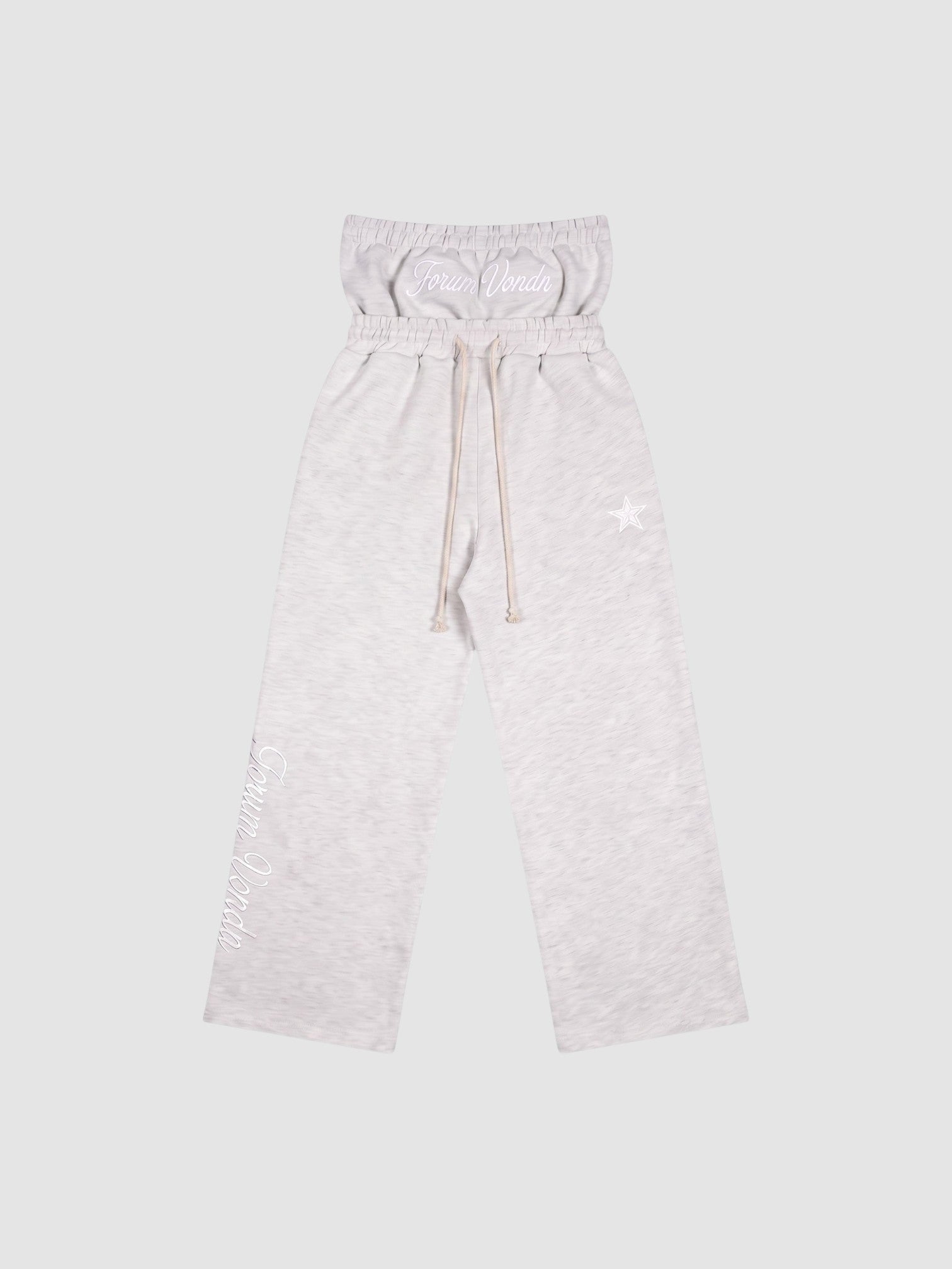 Y2K Avenue light grey double waist jogging pants with gothic embroidery, star detail, and braided drawstring.