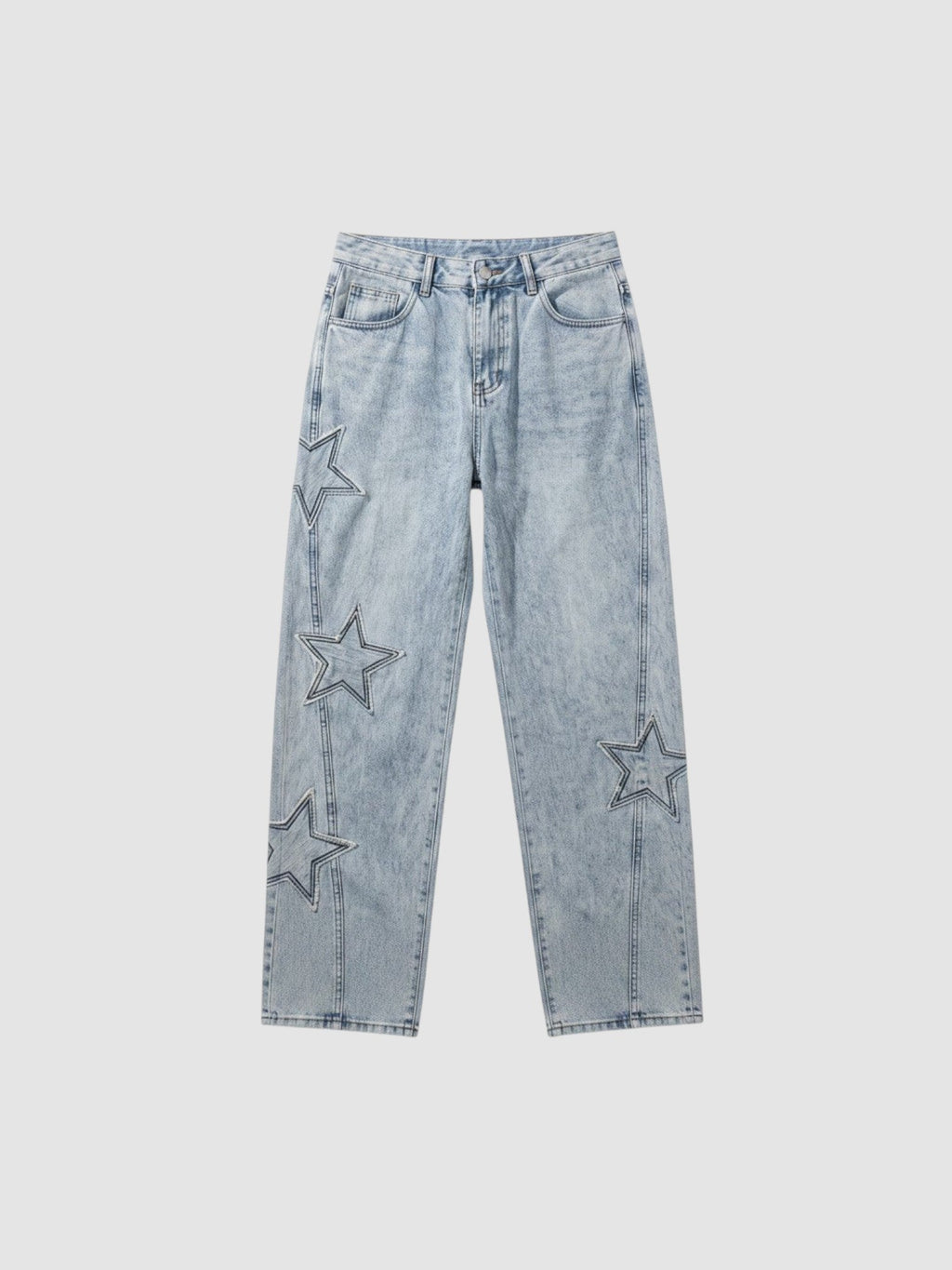 Y2K Avenue light wash denim jeans for men featuring raw-edge stitched star appliqués and a regular fit.