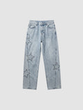 Y2K Avenue light wash denim jeans for men featuring raw-edge stitched star appliqués and a regular fit.