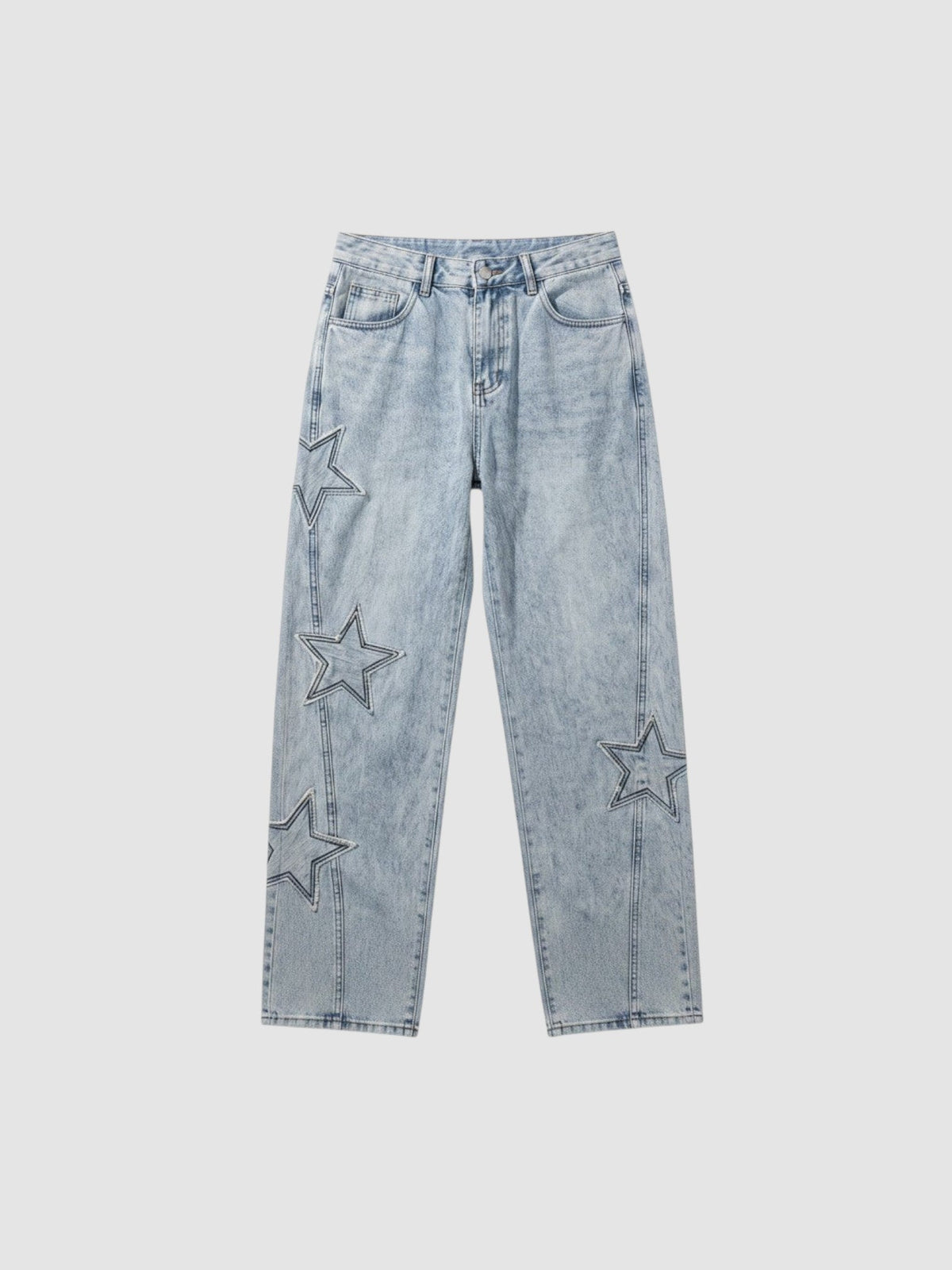 Y2K Avenue light wash denim jeans for men featuring raw-edge stitched star appliqués and a regular fit.