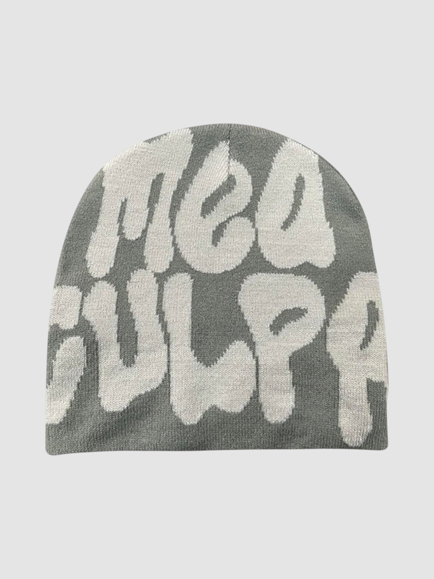 Y2K Avenue Meaculpa beanie in grey with white graffiti-style bubble letter print in a skullie fit