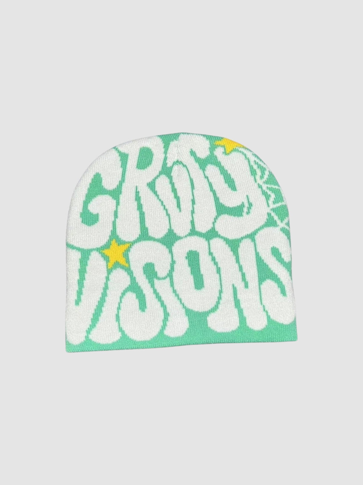 Y2K Avenue vintage beanie in mint green and white with groovy bubble lettering and yellow star accents