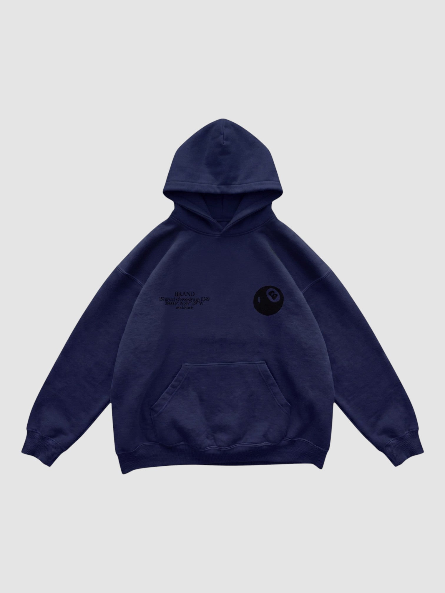 Y2K Avenue navy blue boxy fit hoodie with front chest text and 8 ball graphic, featuring a kangaroo pocket.