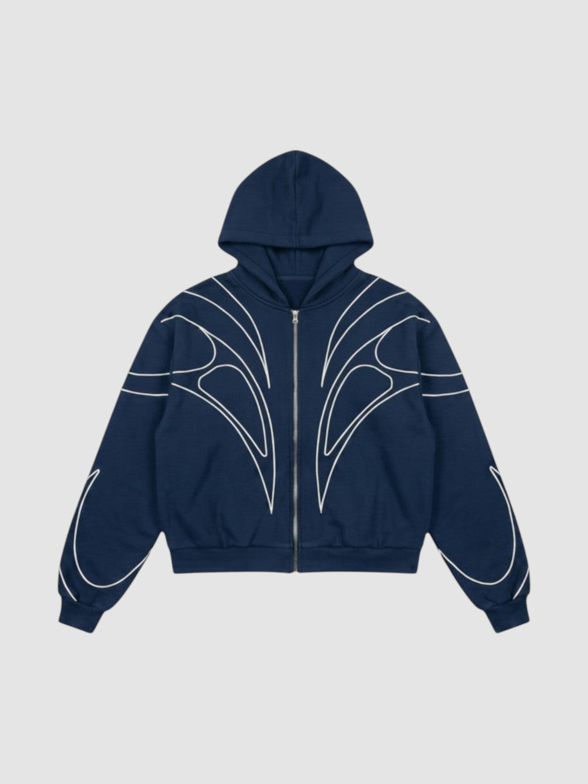Y2K Avenue navy blue cropped zip-up hoodie with white symmetrical curved line graphics and balloon sleeves
