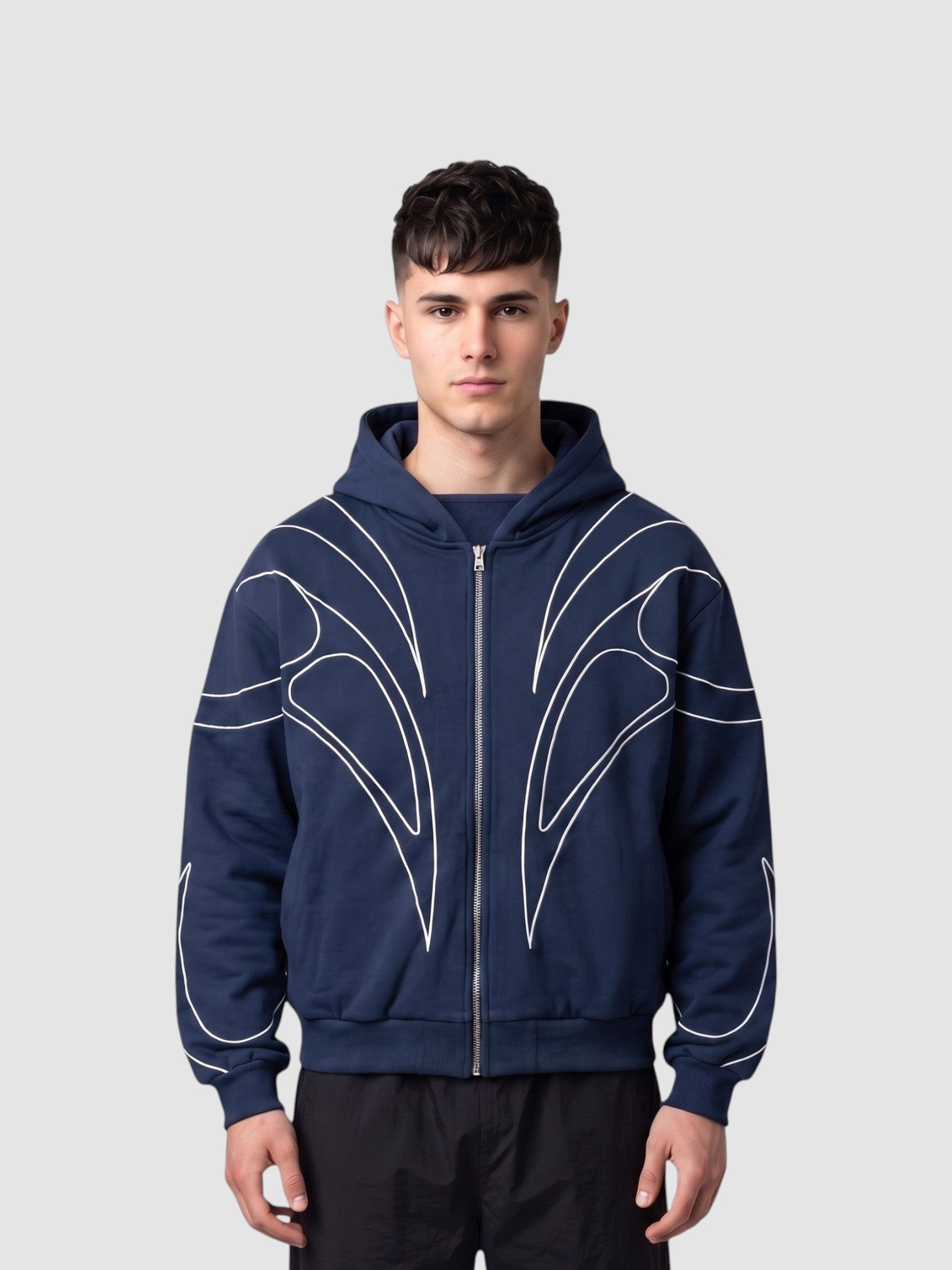 Y2K Avenue navy blue zip-up hoodie with white symmetrical curved line graphics, featuring a cropped, oversized fit.
